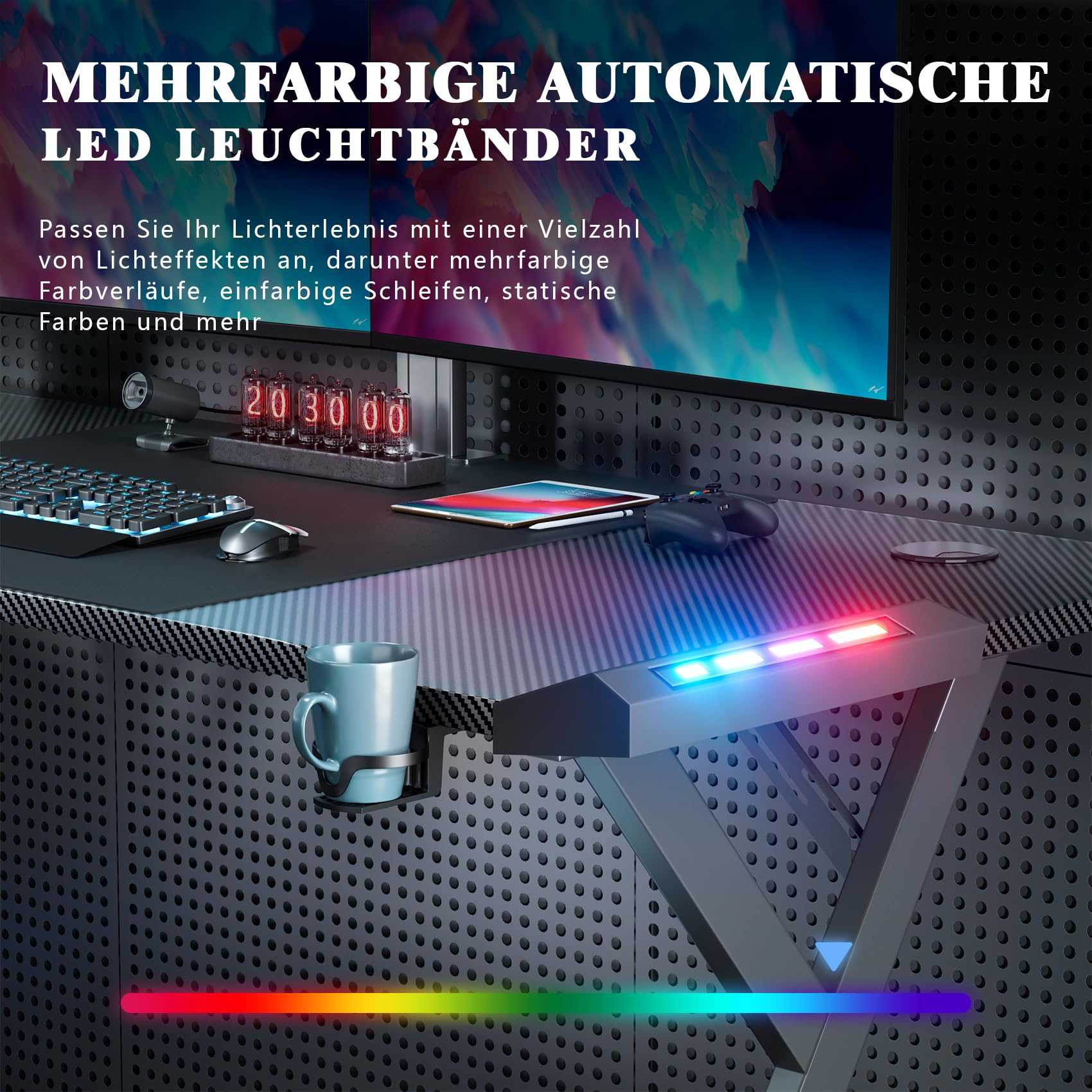 HLONONE LED Gaming Schreibtisch 120 x 60 cm, Gaming Tisch mit LED, Stabiler PC Tisch mit Kohlefaserbeschichtung, Gamer Tisch mit Getränkehalter und Kopfhörerhaken, Schwarz