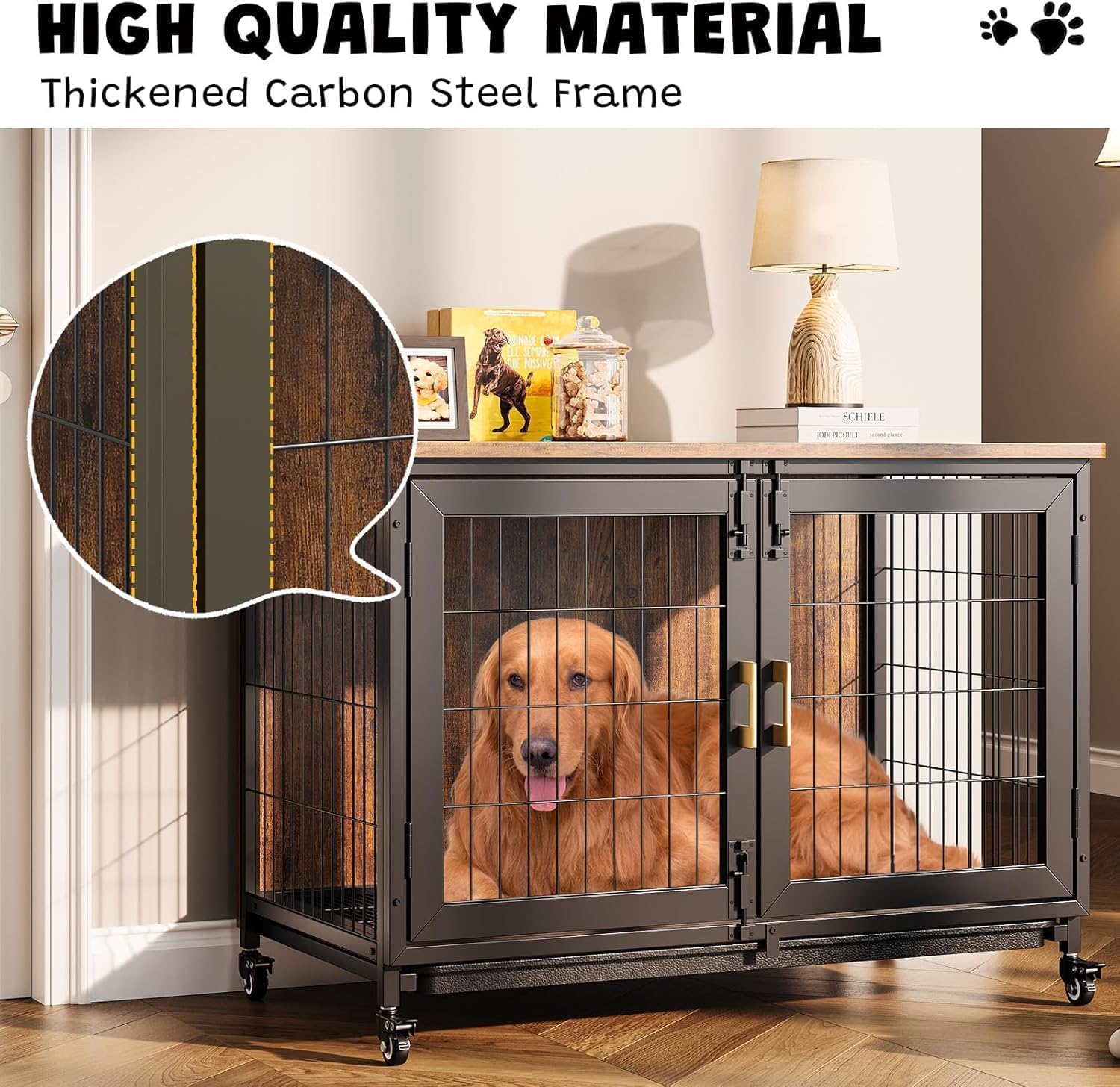 Cage pour chien de grande taille 95 cm - Caisses en bois XL - Cage d'intérieur avec roues verrouillables - Meuble robuste pour animaux de compagnie de petite à moyenne taille - 95 x 65 x 60 cm