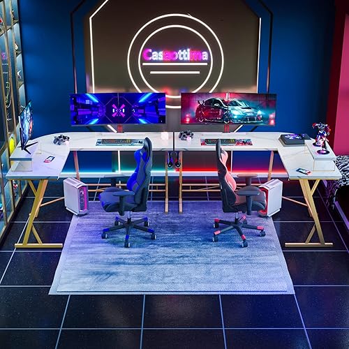 Miniatura 4 de Escritorio en forma de L, de esquina con soporte para monitor para juegos u oficina en casa, 58 pulgadas, mármol laminado.