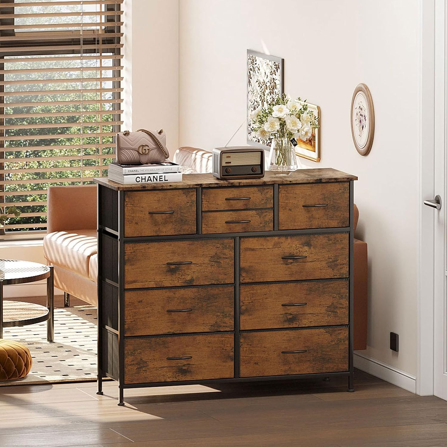 CAIYUN Chest of Drawers with 10 Drawers, Bedroom Storage Drawers, Fabric Tall Dresser for Living Room Closet Hallway Entryway, Rustic Brown - Image 4