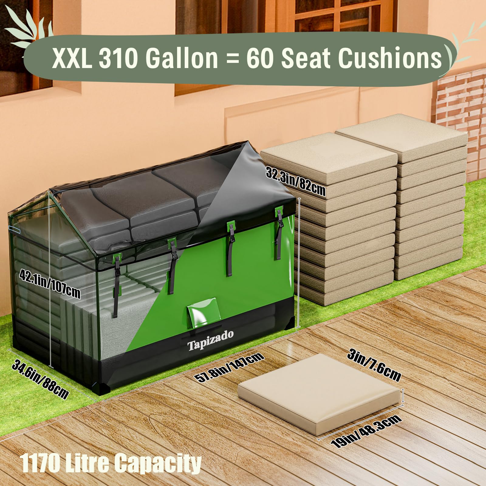 Cajas de almacenamiento para exteriores extra grandes de 310 galones, contenedor impermeable de 1170L para guardar cojines de muebles de patio, accesorios de piscina, herramientas de jardín y