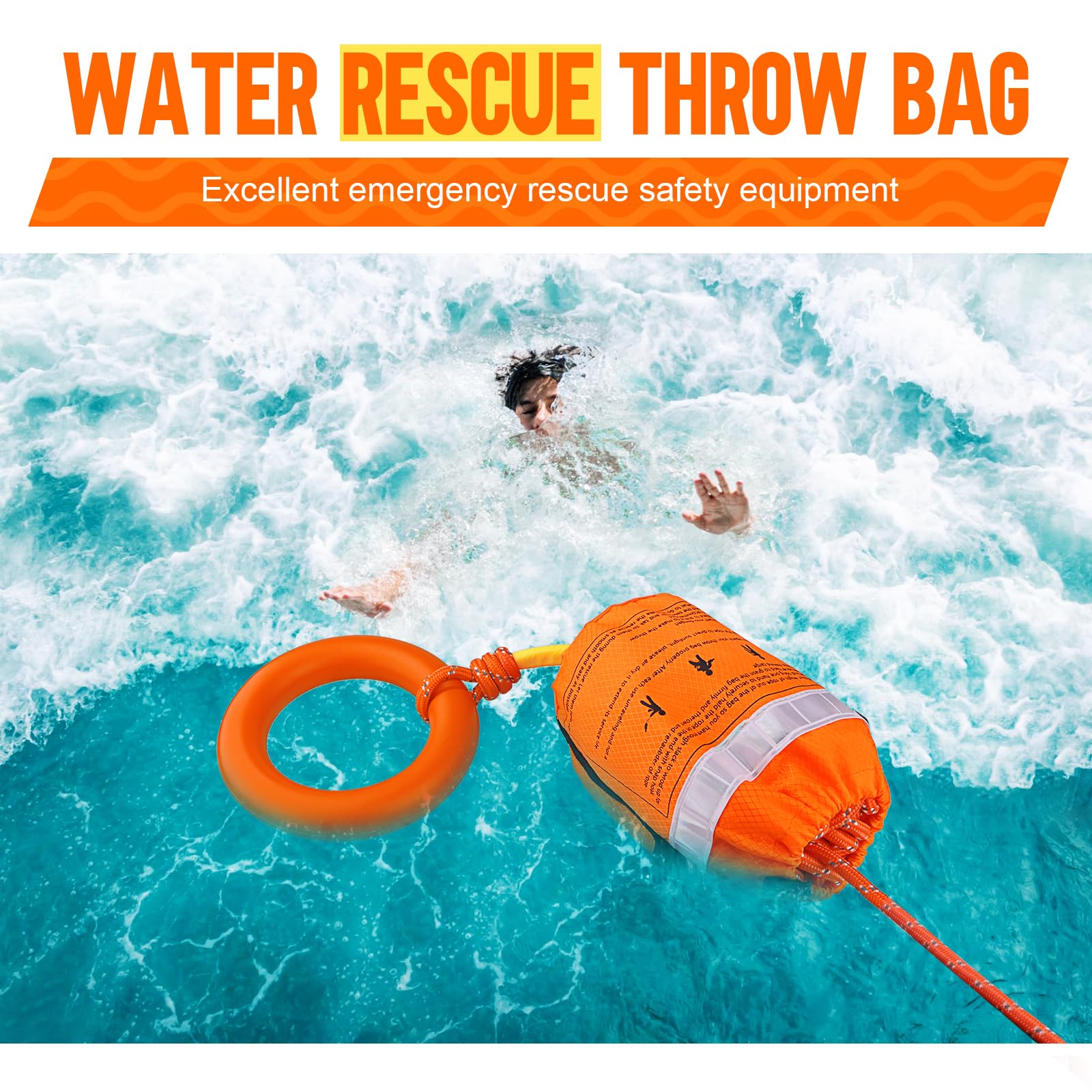Water Rescue Throw Bag with 50FT Rope in 3/10In, Throwable Floating Device Tensile Strength Rated to 1844lbs with Reflective Strap, Emergency Safety Equipment for Kayaking, Boating, Fishing, Rafting