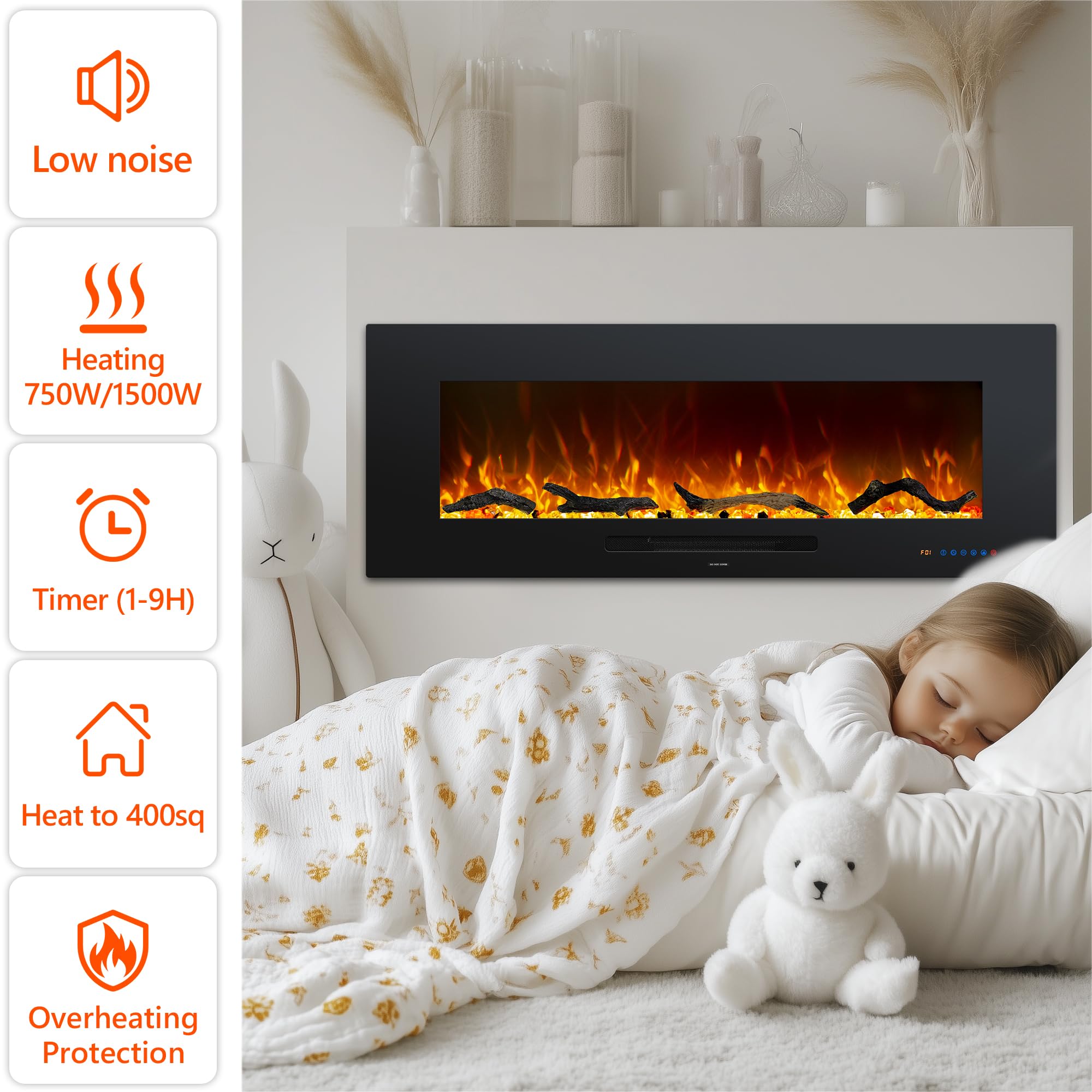 Elektrokamin Wandmontage, 13 Farbmodi LED flammeneffekt, Timer - Funktion, 152 cm Kamin Heizung Glas-Touchscreen und Fernbedienung,1500W(60")