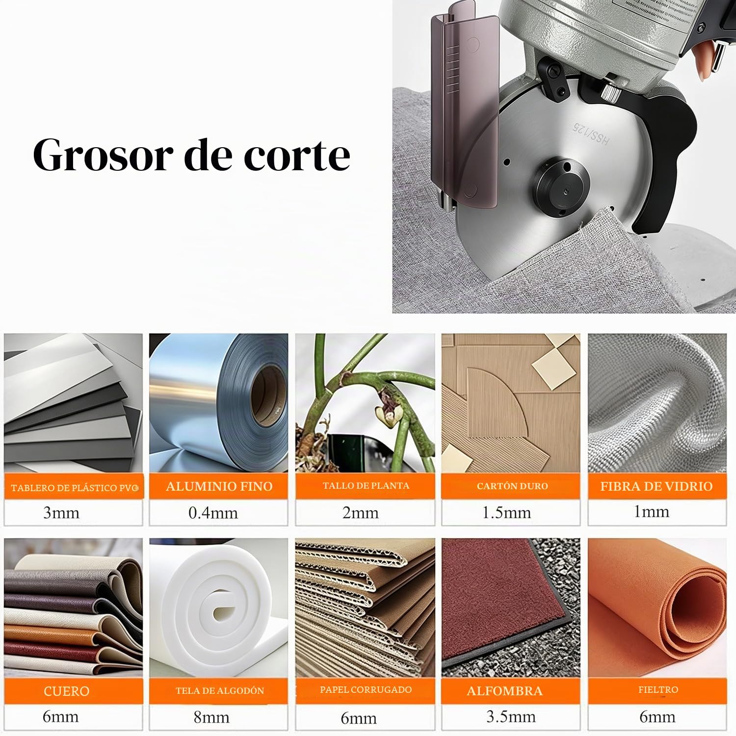 CGOLDENWALL Cortador Tela Rotativo Electrico YJ-125, Cuchilla 125mm | 40mm Grosor Max de Corte, Afilado Automatico, Cuchilla Repuesto, Textil Cuero