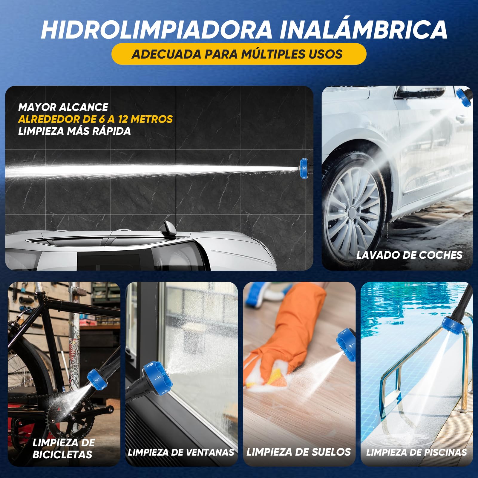Limpiadora a Presión Inalámbrica IronHawk – Batería 2×Li‑Ion, Compacta y Portátil, Boquilla 6 en 1, Manguera 10 m – para Coche, Terraza y Jardín