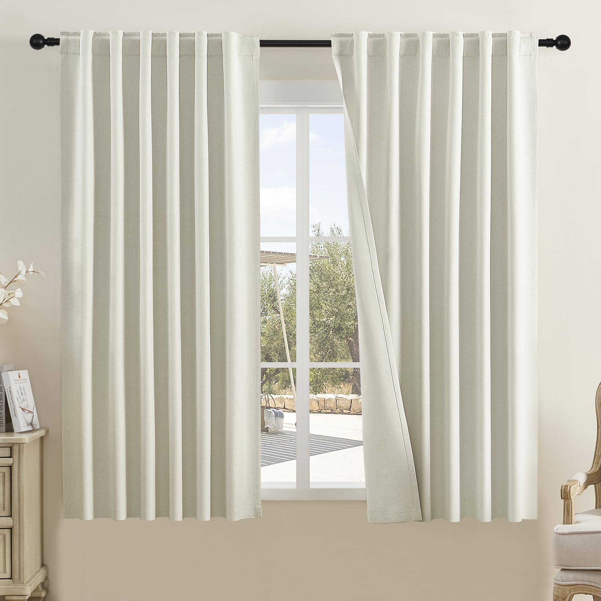 DUALIFE Faux Linen Curtains 63 Inch Length for Bedroom -Rod Pocket and Back Tab Thermal Insulated Window Panels Room Darkening Blackout Drapes for