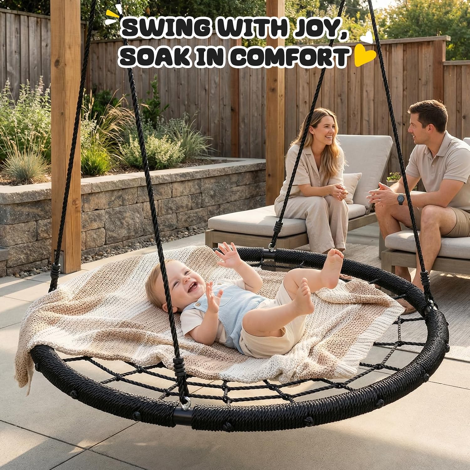 Trekassy 750lbs 40" Spider Web Saucer Tree Swing for Kids Adults, Outdoor Net Swing with Steel Frame and 2 Hanging Straps-Black