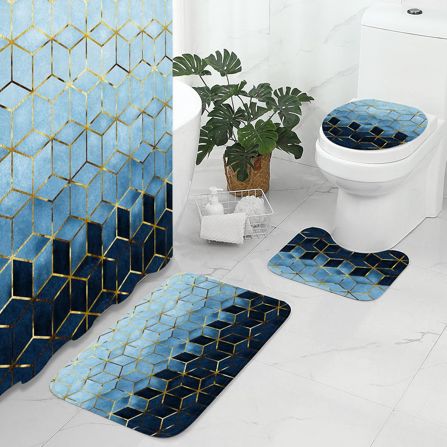 Gibelle 4 Pcs Bathroom Shower Curtain Set with Non-Slip Rugs, Toilet Lid Cover and Bath Mat, Blue Gradient Gold Cubic Lines Luxury Bathroom Decor Set with Shower Curtain and Rugs and Accessories