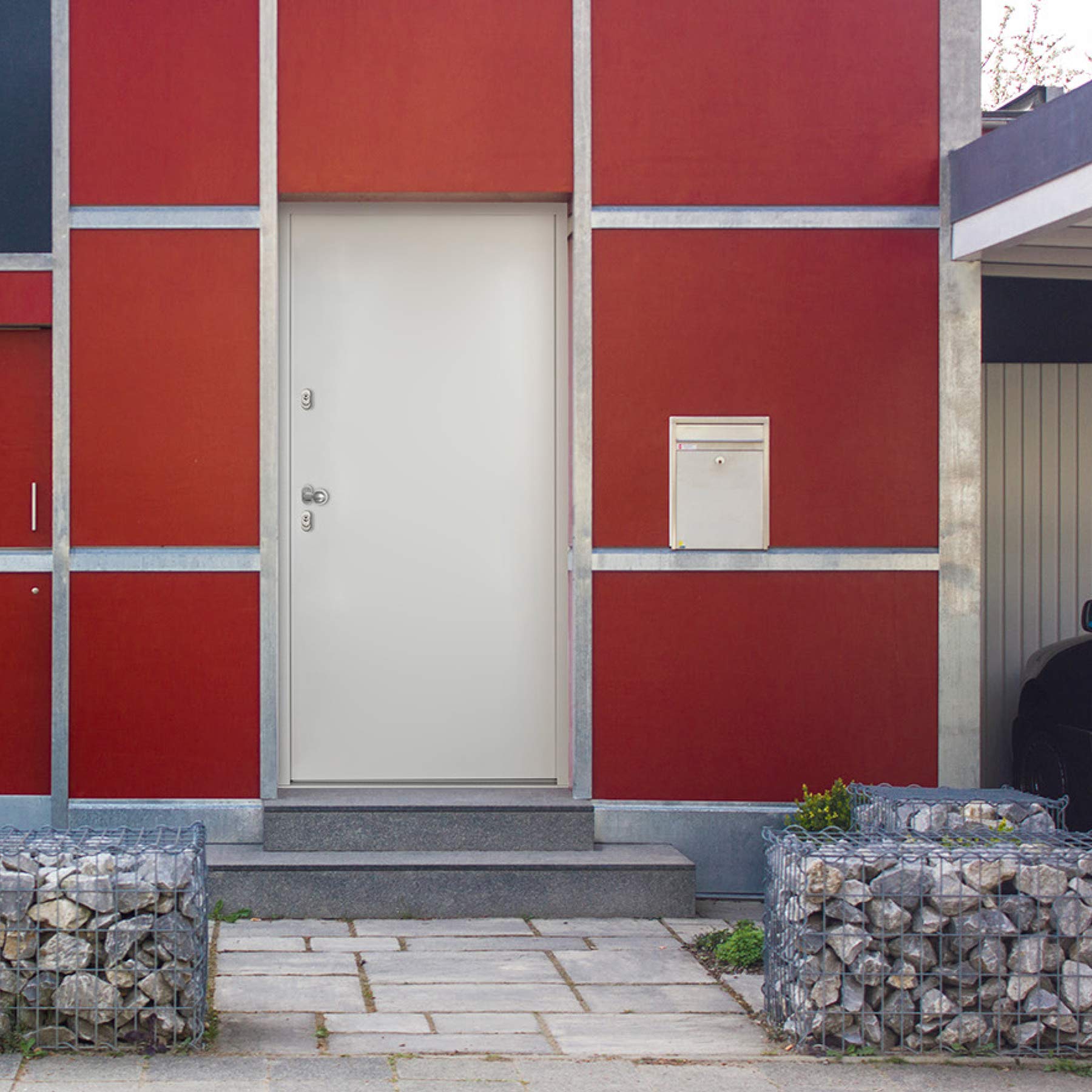 Haustür Nebeneingangstür Hugo 100x200cm DIN rechts – Kellertür aus Stahl mit Tresorbolzen, Wärmedämmfüllung, verstellbaren Bändern und Aushebelsicherung - Weiß | 2x Drücker