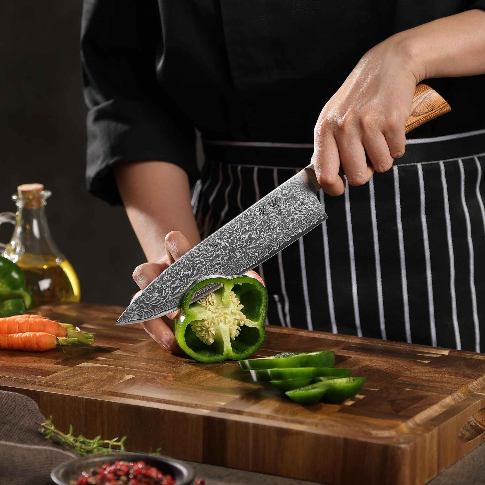 WAKOLI EDIB Pro Couteau Chef de Cuisine Professionnel en Acier Damas 20 cm | lame à 67 couches avec noyau VG10, manche ergonomique en bois de pakka, tranchant précis, pour émincer, hacher et découper