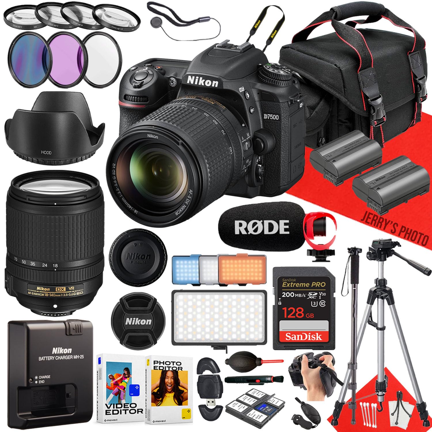Nikon D7500 DSLR Camera with 18-140mm f/3.5-5.6G ED VR Lens + 128 GB Memory + RODE Microphone + LED Light + Monopod + Filters + Tripod + More (35pc Bundle) (Renewed)