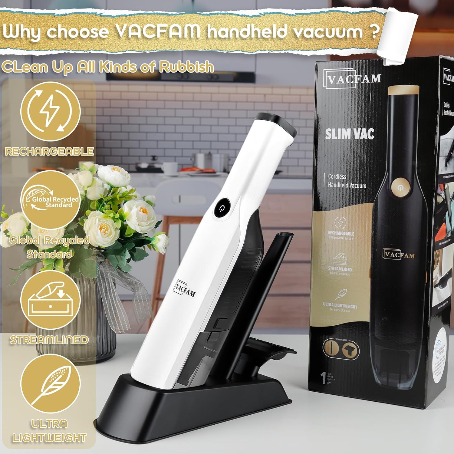 Handheld Vacuum Cordless,Dust Busters Cordless with Storage Dock,15KPA High Power Portable Vacuum Vordless,USB Quick Charge,Mini Vacuum with Multi-Nozzles & Washable Filter，White - Image 2