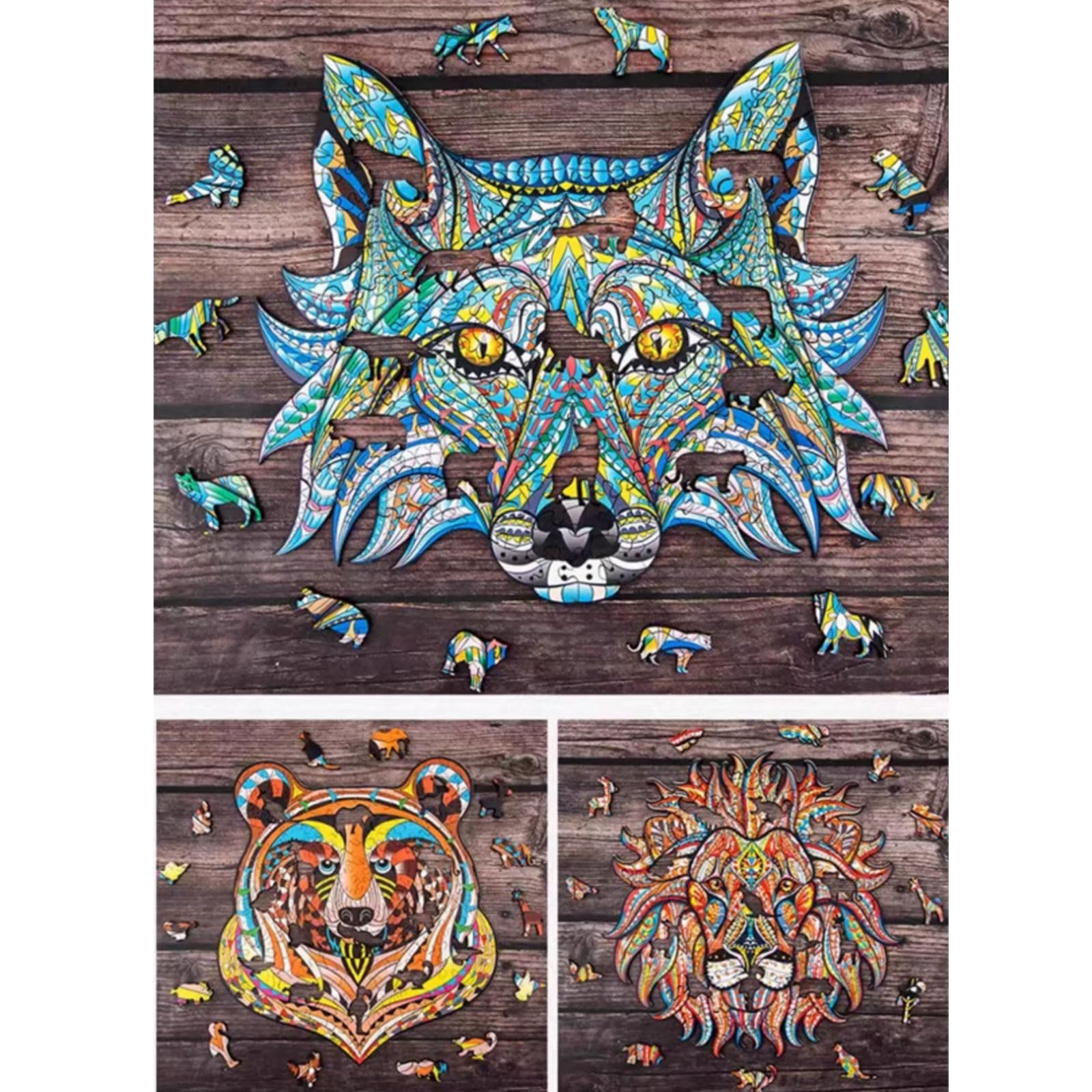 Puzzle di Legno Irregolare Unico Montessori con Animali | Puzzle di Forme con Scatola di Legno, Puzzle Decorativo Fauna con Leone Lupo Tigre Elefante Aquila Orso