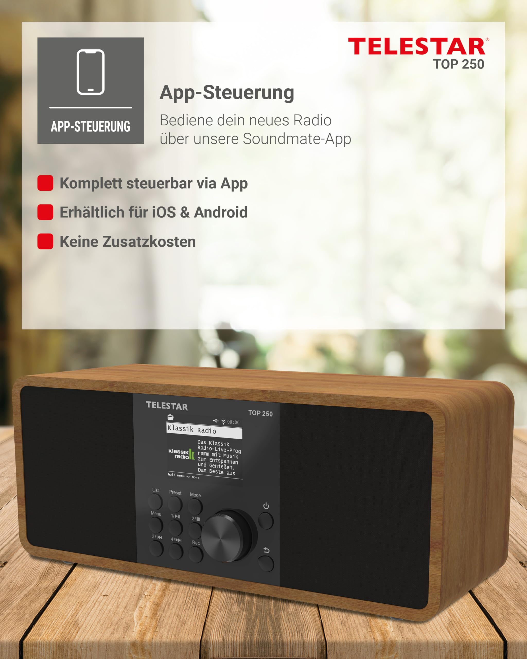 TELESTAR TOP 250 – DAB+/Internetradio, Stereo – Holz | 2 × 10 Watt, Bluetooth Audio-Streaming & Sendefunktion, USB-Aufnahme, Notfallwarnsystem, App-Steuerung
