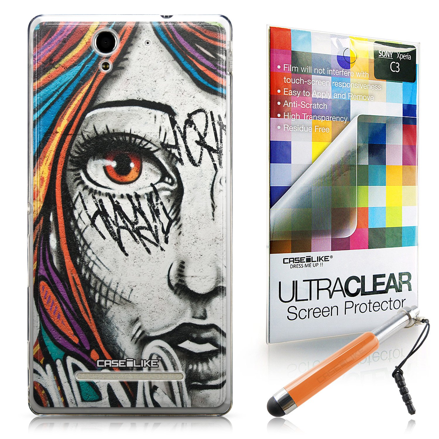 CASEiLIKE Graffiti Girl 2724 Ultra Slim Bumper Snap-on case back cover for Sony Xperia C3 +Screen Protector +Retractable Stylus Pens (Random Color)