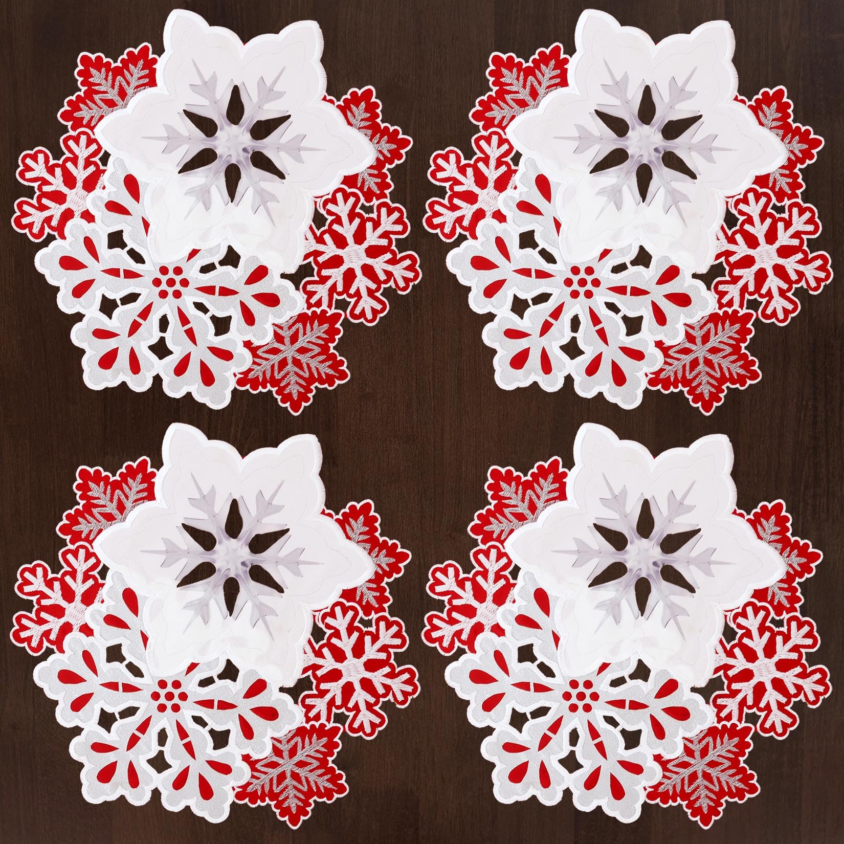 Grelucgo Juego de 4 tapetes bordados redondos de copos de nieve de 38.1 cm para Navidad e invierno (rojo)