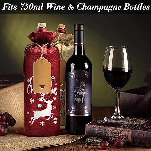 Miniatura 4 de Bolsas de vino de arpillera para regalo de Navidad, 10 bolsas para botellas de vino con cordón, etiqueta y cuerda, fundas reutilizables para