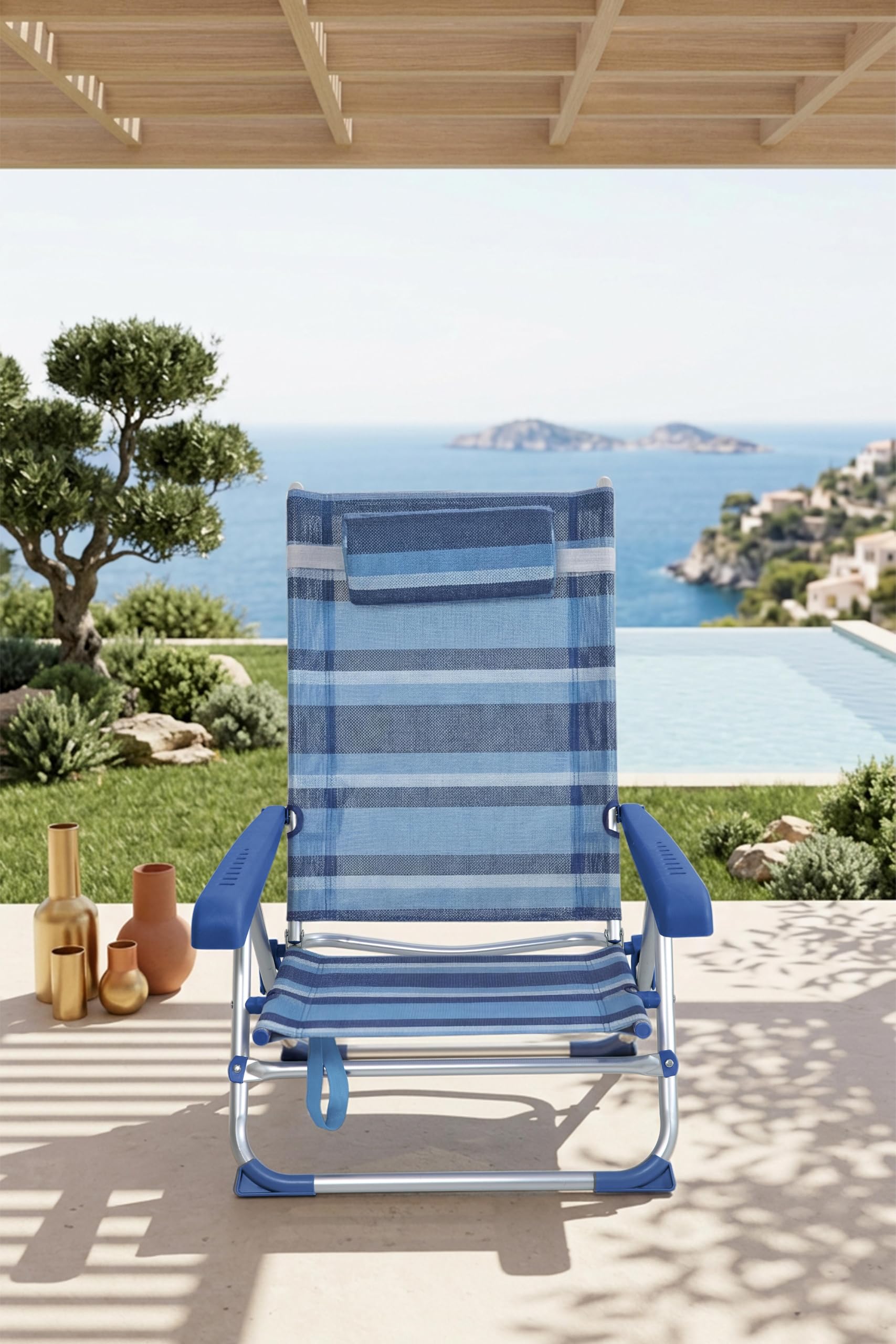 Spiaggina Pieghevole in Alluminio, Righe Blu, 8 Posizioni, con Poggiatesta e Braccioli, 59,5 x 85 x 76,5 cm