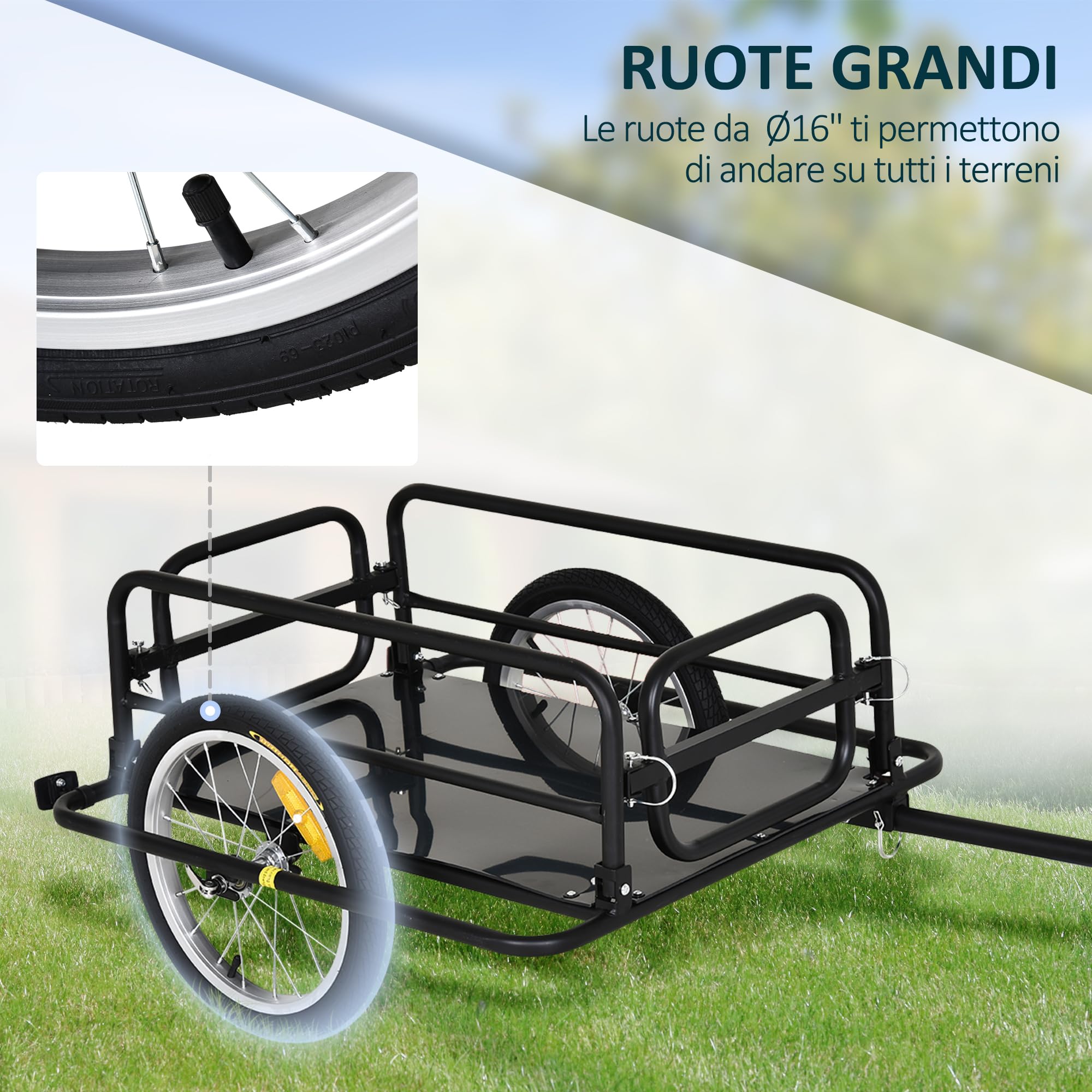 HOMCOM Carrello Bici con Pareti Pieghevoli e Rimovibili, Gancio Universale e 2 Catarifrangenti, Rimorchio per Bici in Acciaio e PE, 139x71.5x49 cm, Nero