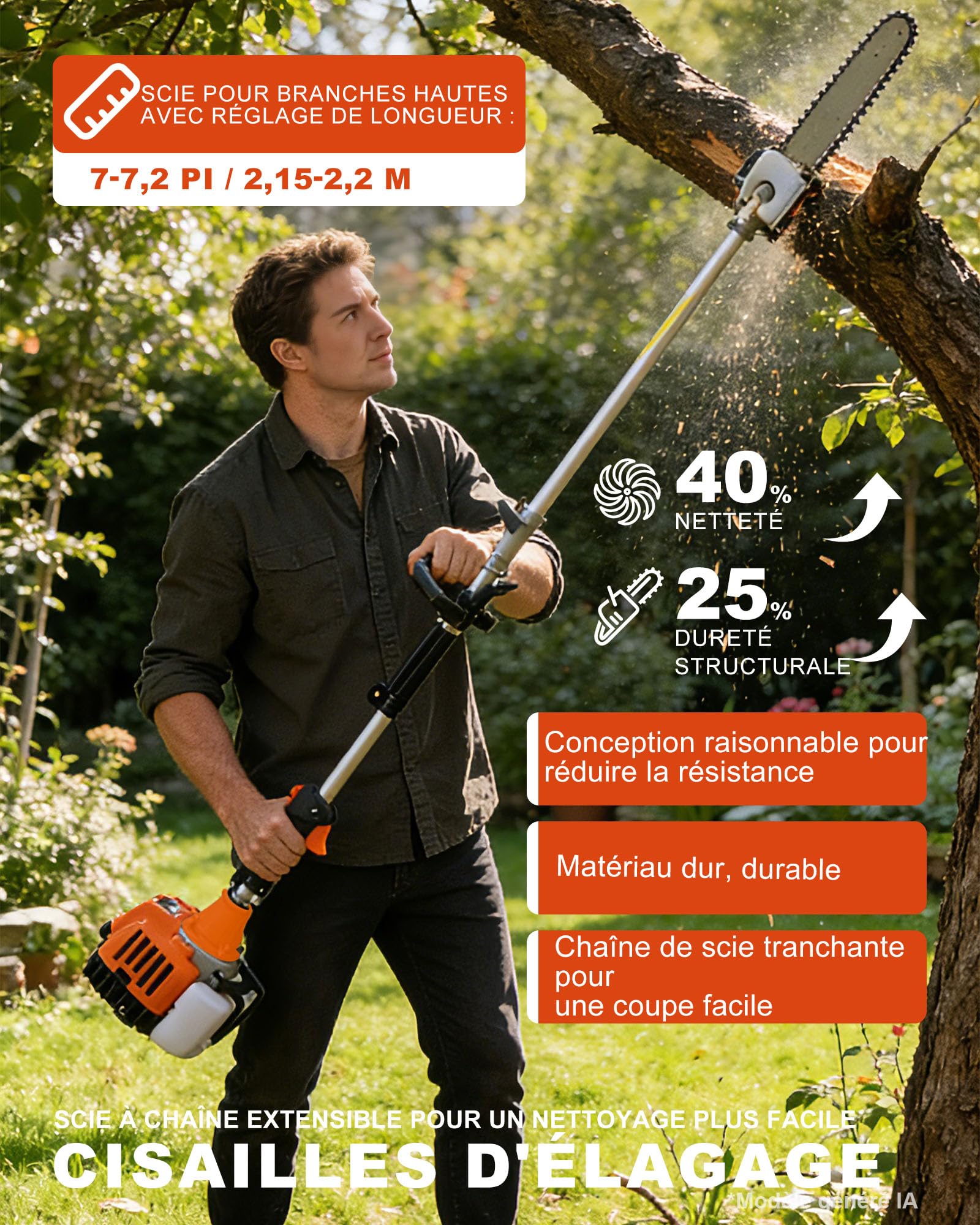 Débroussailleuse à essence 52 cc 2 temps avec coupe-bordure à essence et débroussailleuse, taille-haie, tronçonneuse 3 CV, outil de jardin à 2 temps, puissant et économe en carburant