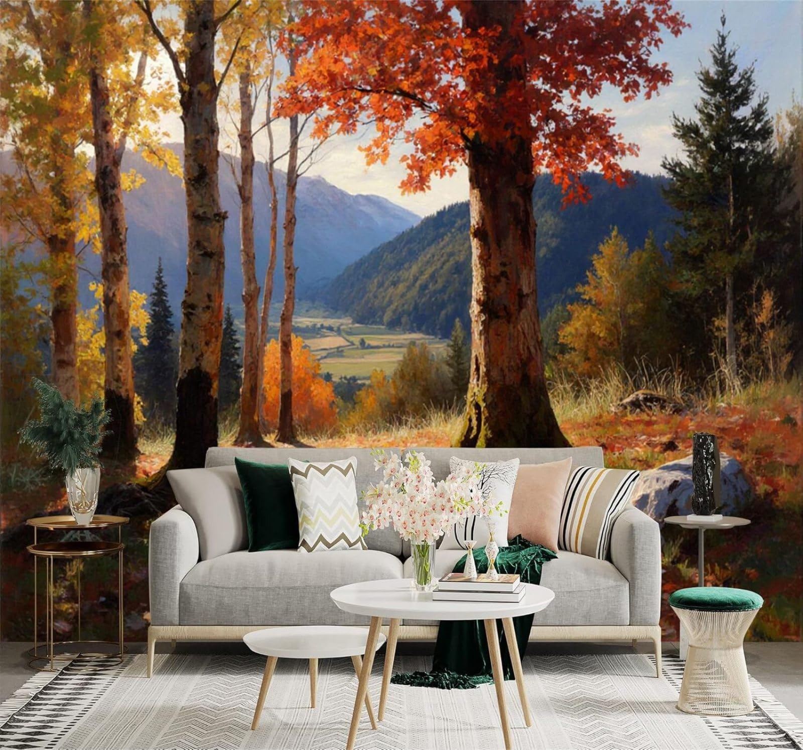 Xlming 430Cm×300Cm(B×H) Autumn Forest Footpath Mountains Colourful Trees Valley Scenery 3D Wallpaper Premium Textured Silk Study Dining Living Room Bedroom Sofa Tv Wall Easy Install-430Cm×300Cm