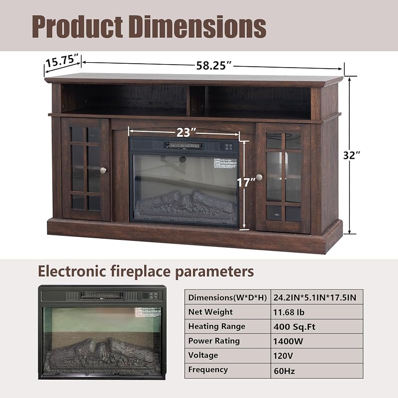 58" Farmhouse TV Stand with 23" Electric Fireplace Heater, Rustic Entertainment Center for TVs up to 65", Multi-Storage Cabinets, Stylish Home Decor for Cozy Living Rooms. (Espresso) image 3