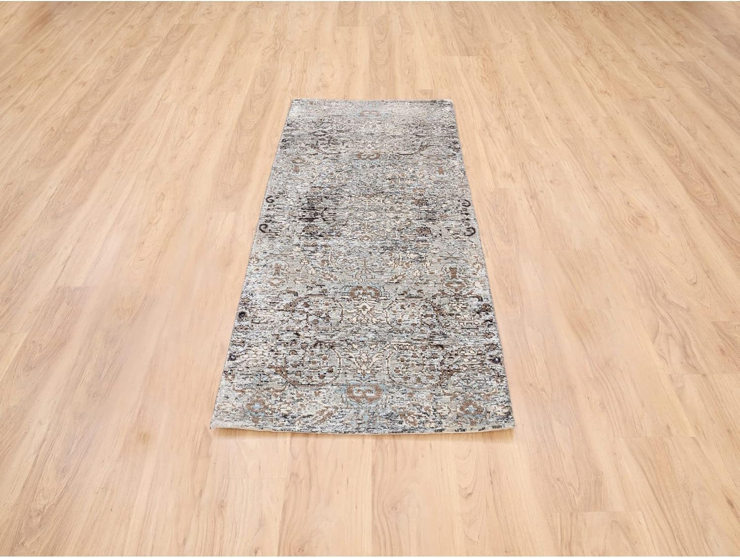Gray Modern Transitional Influence Silk-Wool Hand Knotted Oriental Runner Rug 2'6"x6'