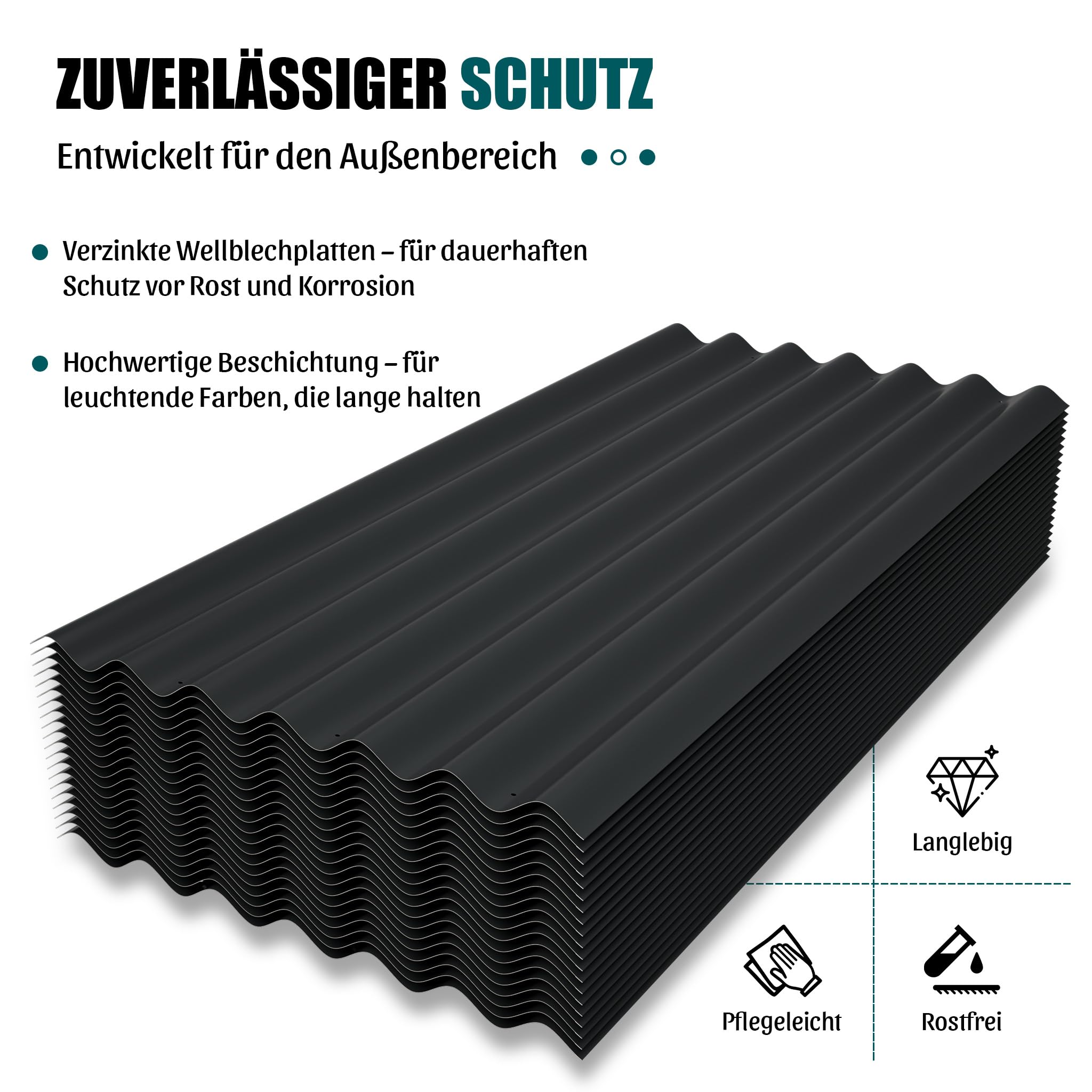 Thanaddo Wellplatten Metall Blech, 20er Set Wellplatte Dach Platten Stahlblechdachplatten mit Schrauben, wetterfest UV beständig Welldach, 52 x 108 cm - 20 Stk.（Schwarz)