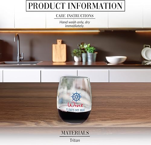 Miniatura 2 de Pavilion Gift Company - Wine Floats My Boat - Copa de vino sin tallo de 14 onzas Tritan Cup Yelm Boater Boating Beach Seaside Waterfront Ocean
