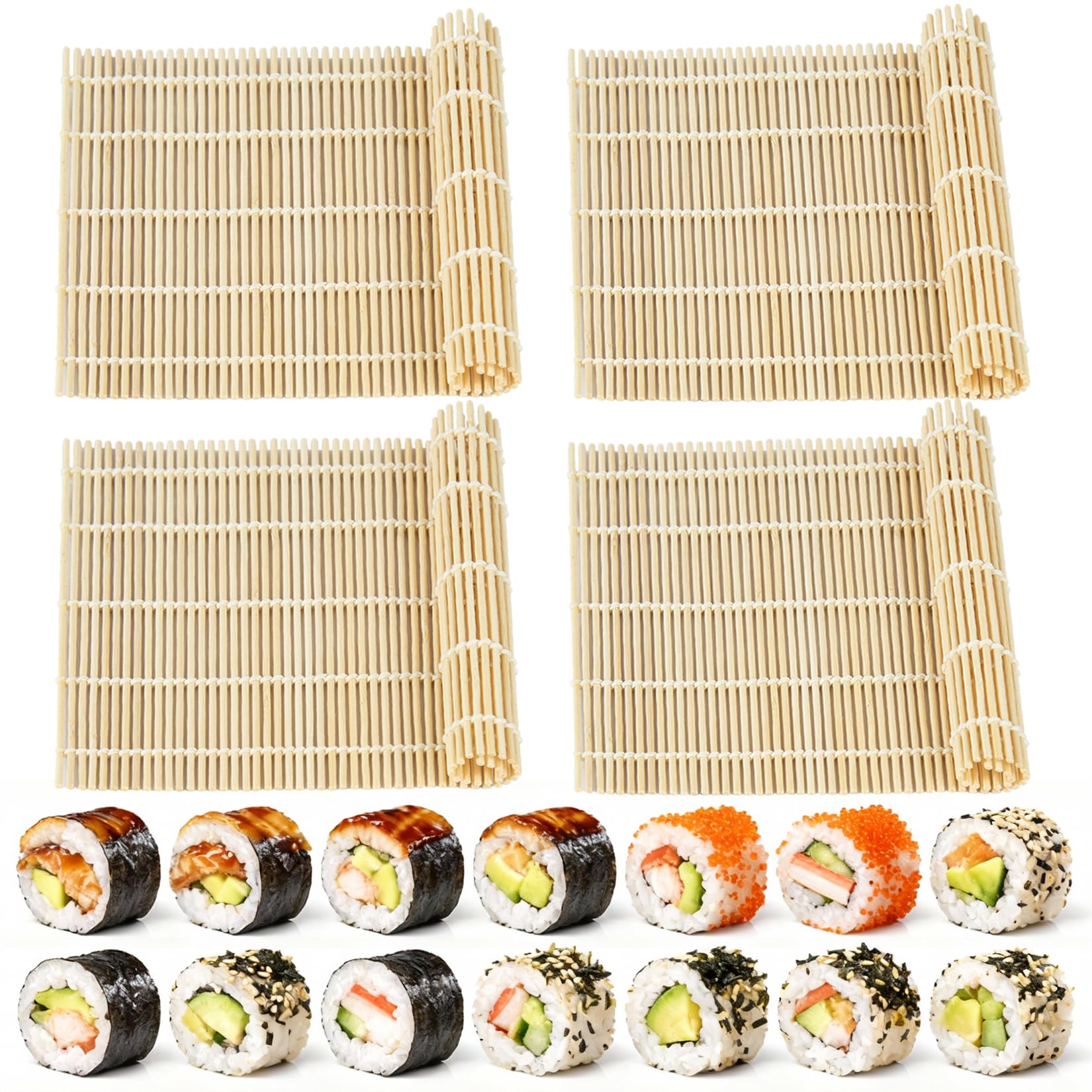 Sushi-Matte aus Bambus, Sushi-Rollmacher für Kimbap Sushi Maki Rollen, einfach hausgemacht (24,1 x 24,1 cm), 4 Stück