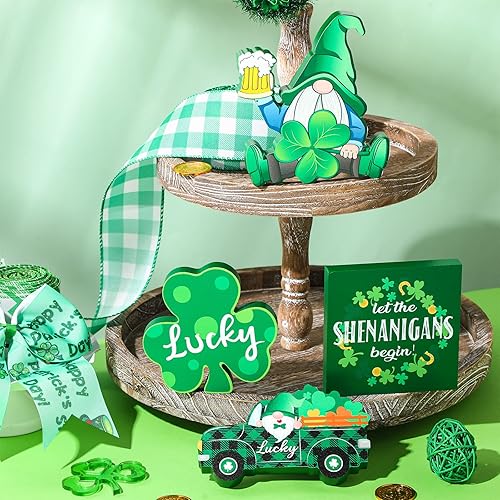 Miniatura 6 de 4 piezas de decoración de mesa del día de San Patricio, letrero de madera de trébol de la suerte, letrero de mesa de gnomo verde, centro de mesa,