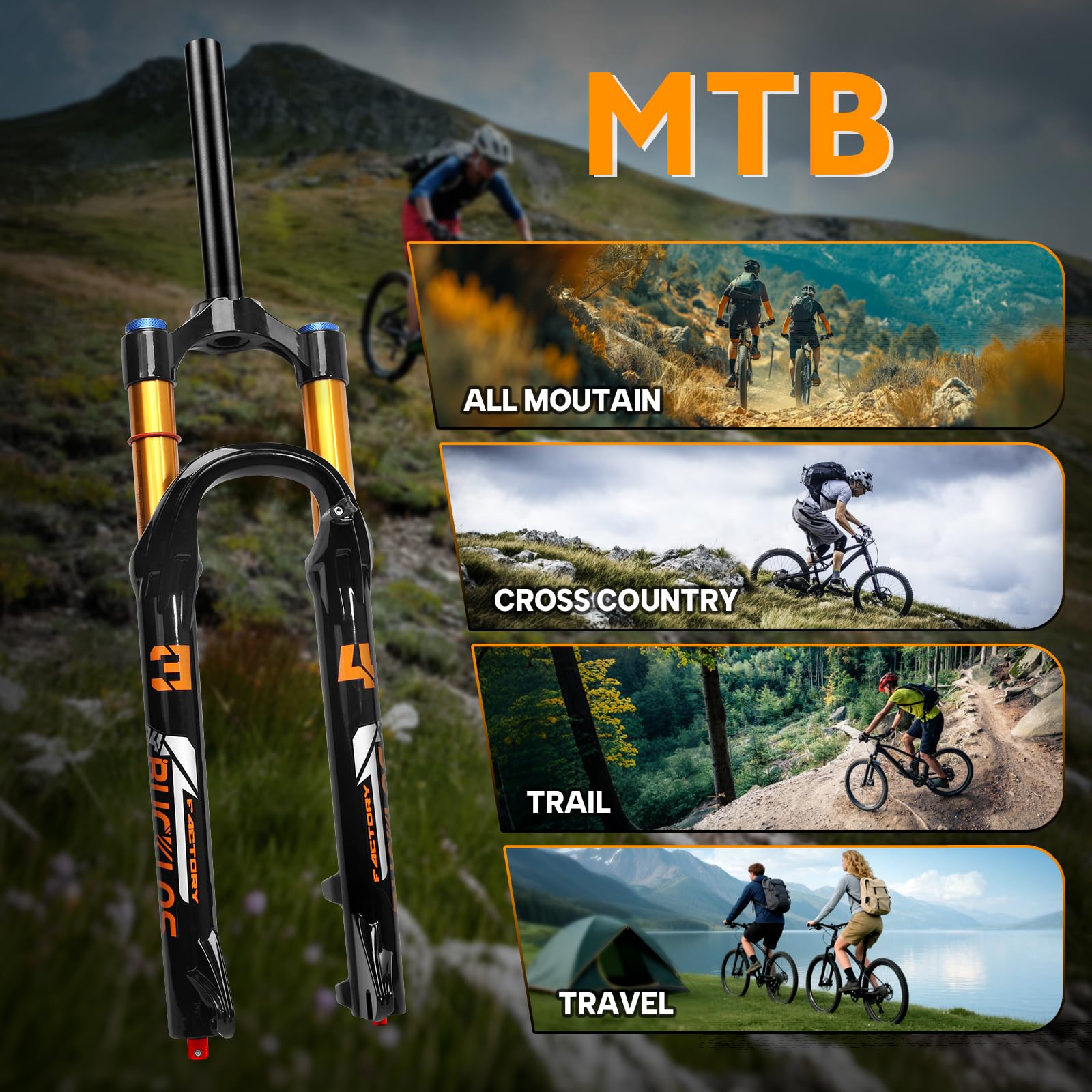 Fourche à suspension pneumatique pour VTT 26/27,5/29", 140 mm, réglage du rebond 34 mm, barres 1-1/8" sans filetage droites 9 x 100 mm QR verrouillage manuel XC AM fourche avant de vélo de