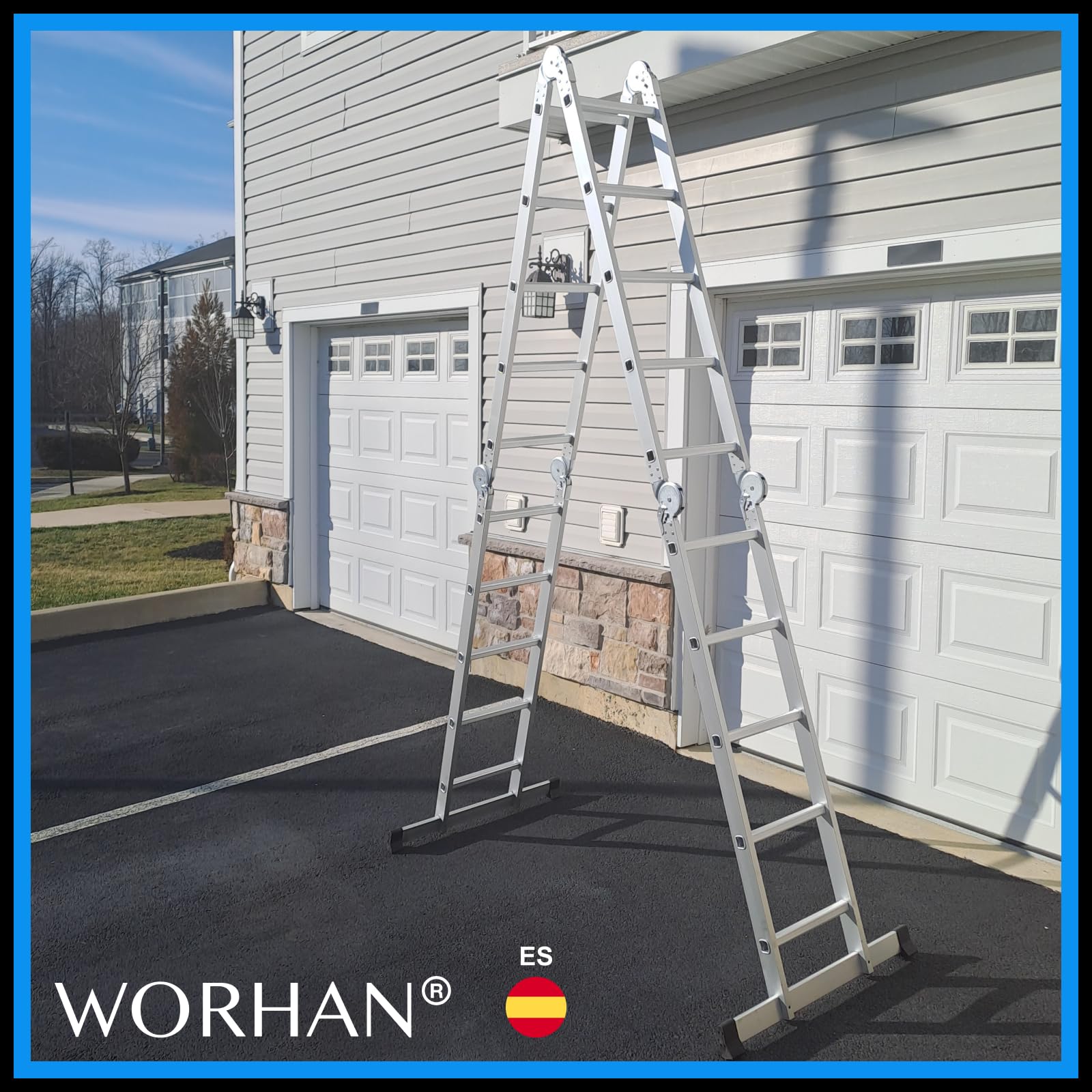5.7m Escalera Multiuso Multifuncional Plegable 570cm Tijera Bisagra Grande Aluminio con 2 Estabilizadores Nueva Generación Calidad Alta KS5.7