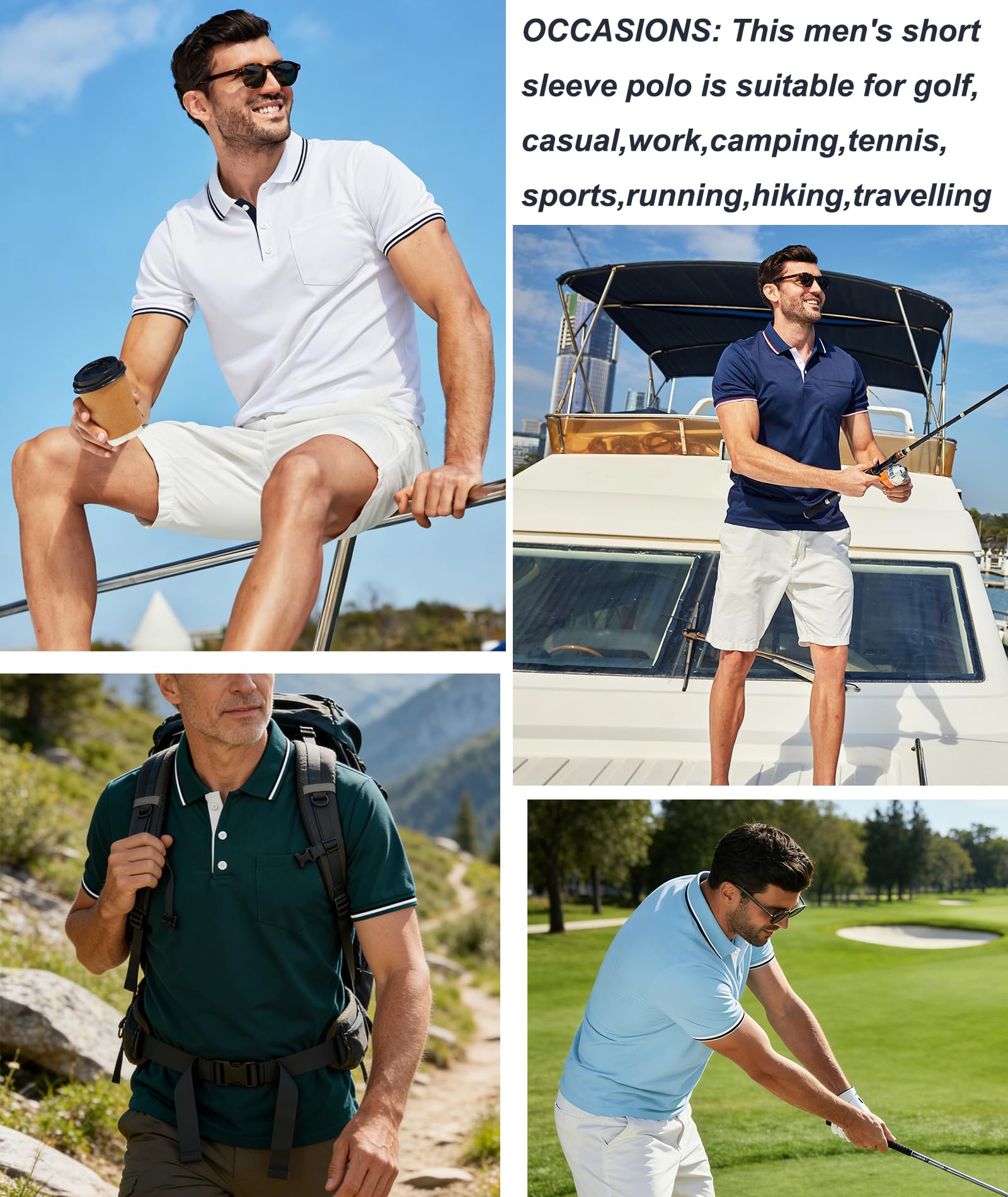ZITY Polo para Hombre Paquete de 5 Polo Manga Corta Camiseta Golf Trabajo Transpirable Camiseta Informal con Bolsillo Verano 5 Pack T Shirt para Vacaciones - 2