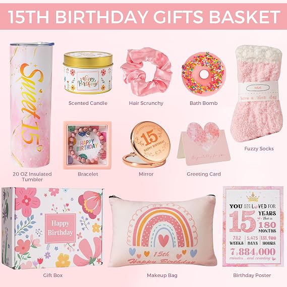 15th Birthday Gifts for Girls,Best Basket Presents Ideas for Turning 15 Year Old Girls,Happy Sweet 15th Birthday Pamper Hamper HBD Box Kit for Her Sister Daughter Granddaughter Niece Teenage Teen