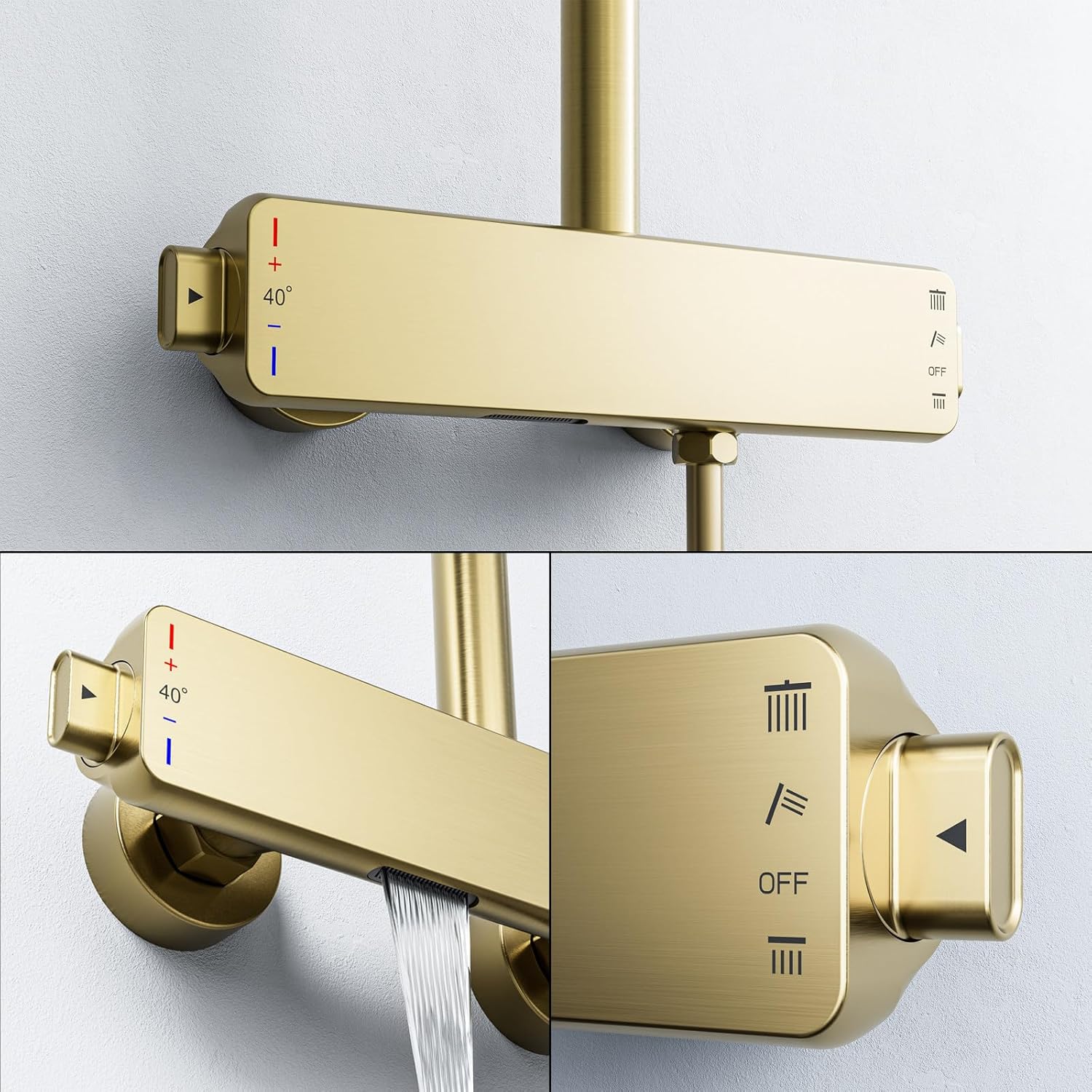 Thermostatic Shower System, Gold Bathroom Shower Faucet Set 40°C Thermostatic Shower Mixer 3 Functions Shower Fixtures Shower Kit with Valve and Handheld Shower Head