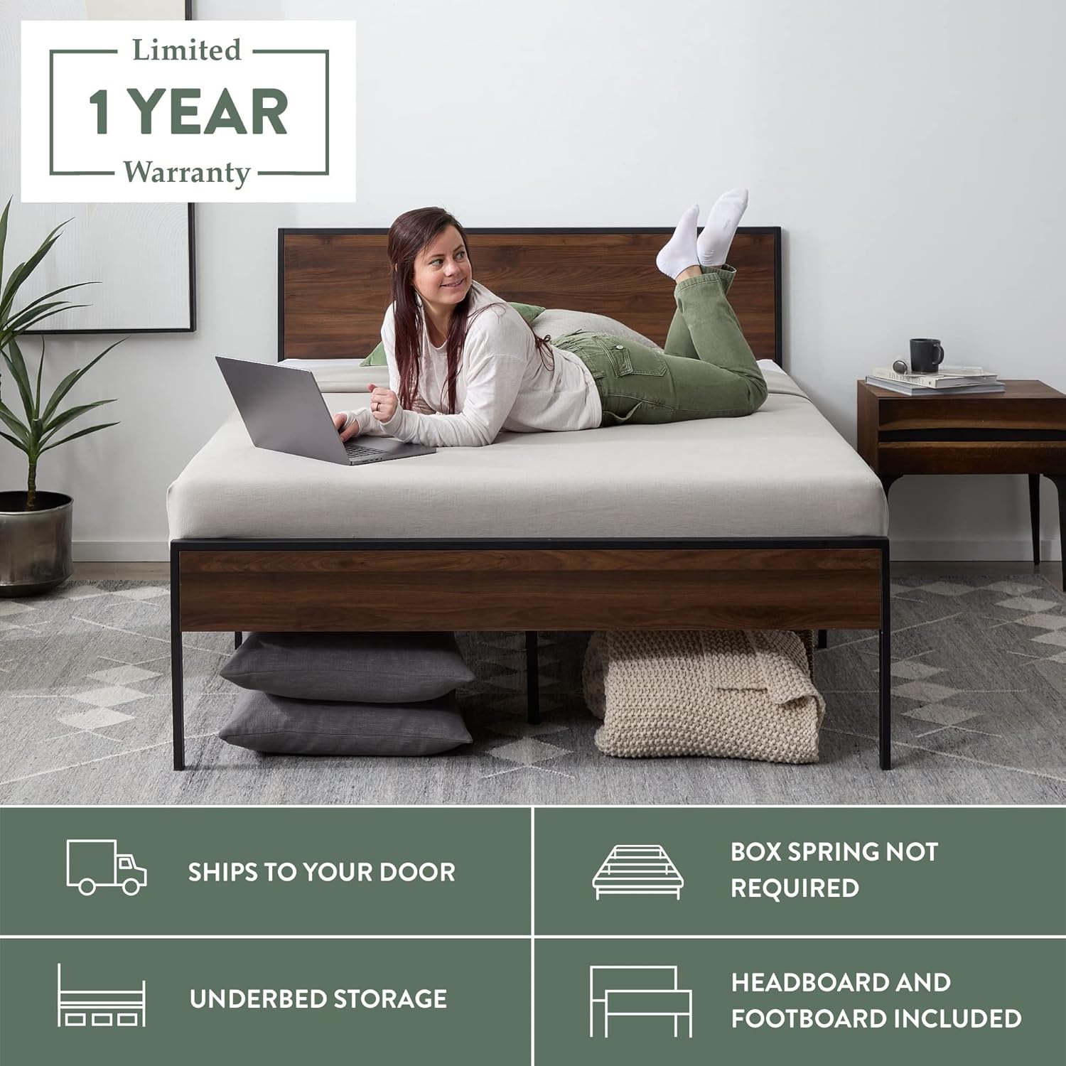 Edenbrook Bed Frame - Metal Platform Bed - Wood Headboard and Footboard - Box Spring Optional, Queen, Brown Oak