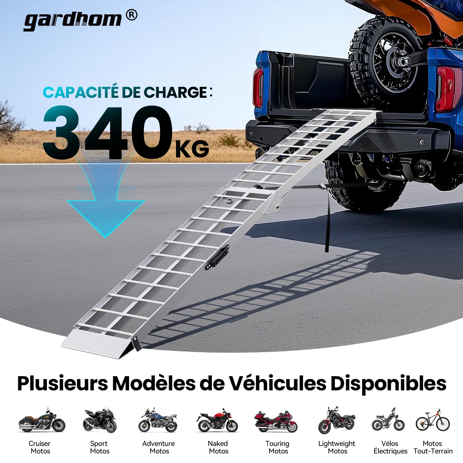 gardhom Rampe d'accès pliable pour remorque, 340 kg, 226 x 30 x 5 cm, en aluminium, pour fauteuil roulant, vélo et voiture