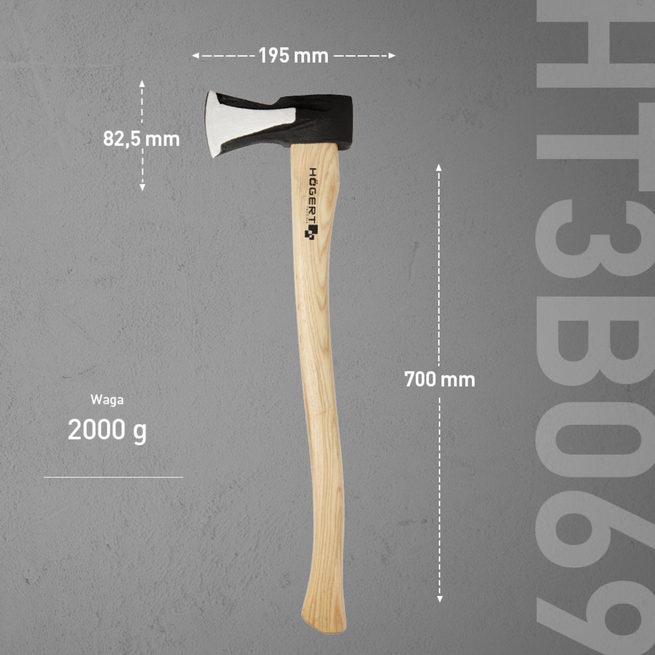 HÖGERT TECHNIK Siekiera rozłupująca 2000 g, drewniany uchwyt hikory, stal hartowana, 47-55 HRC, powłoka UV, mocowanie klinowe, dodatkowa stabilność, idealna do rozłupywania pni drzew i drewna