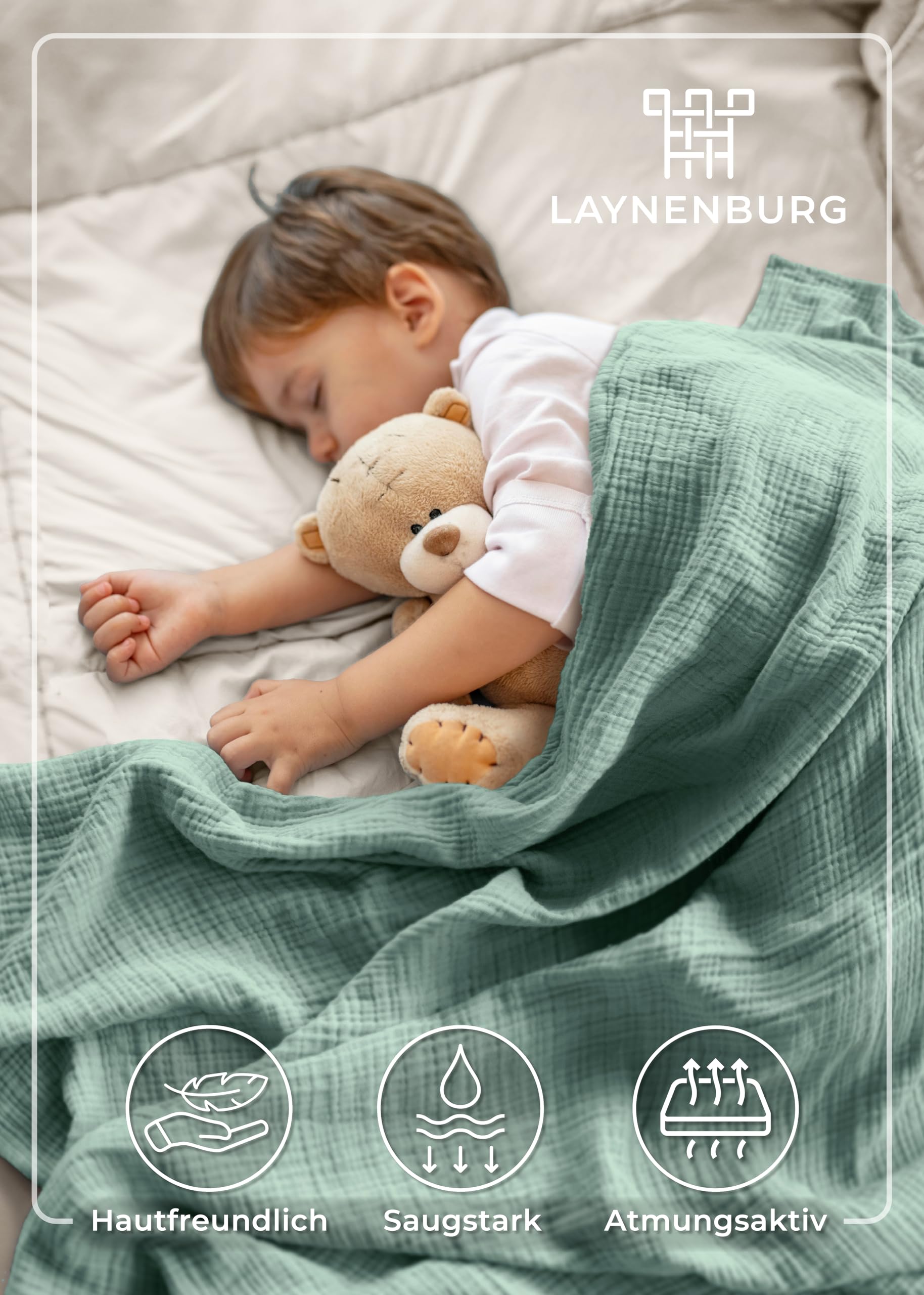LAYNENBURG Premium Musselin Babydecke 120x120cm – 4 lagige Decke aus 100% Baumwolle - Oeko-TEX 100 - Kuscheldecke oder Schlafdecke, Pucktuch, Spucktuch für Baby, Neugeborene & Kinder (mintgrün)