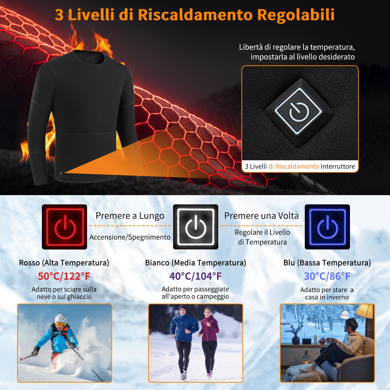 Camiseta Calefactable Hombre Mujer, Ropa Interior Térmica Calefactable, Termico Lavable Jersey Eléctrica para Camping Senderismo Esquí Pesca Moto al Aire Libre