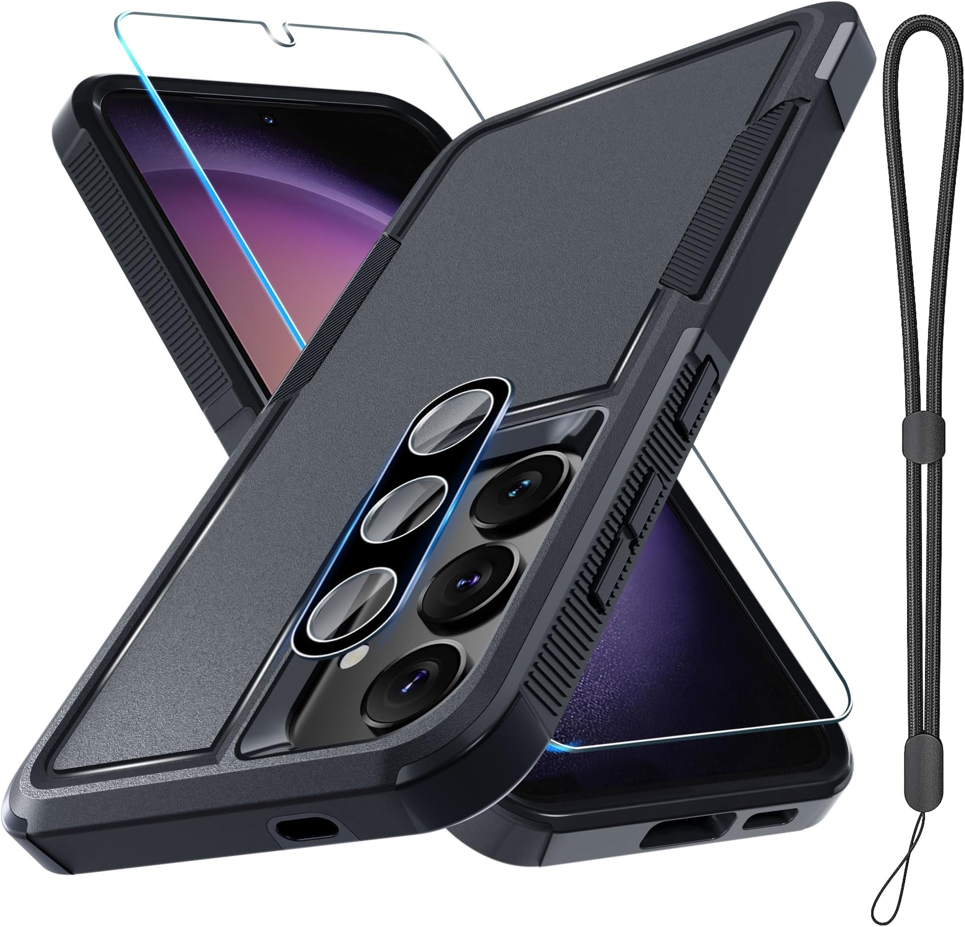 RMOCR Case for Samsung Galaxy S24 Plus, Full Body Heavy Duty Rugged Shockproof Protective Phone Cover with Lanyard Strap, Tempered Glass Screen Protector and Camera Lens Cover, Black Matte