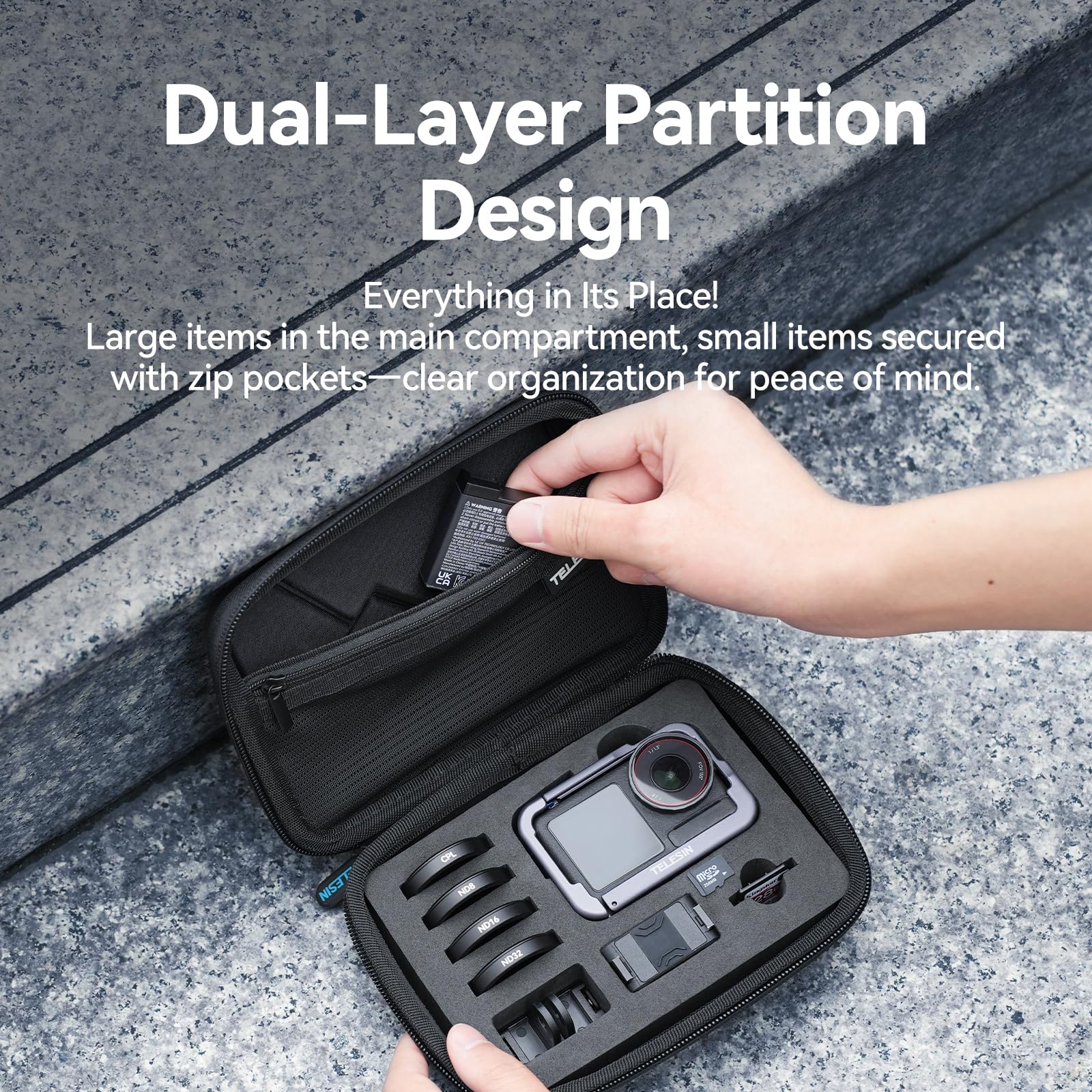 TELESIN Sac de transport pour DJI Osmo Action 5 Pro/4/3, sac de rangement portable en polyuréthane, sac de voyage de protection rigide pour Osmo Action 5 Pro/4/3, accessoires de caméra d'action