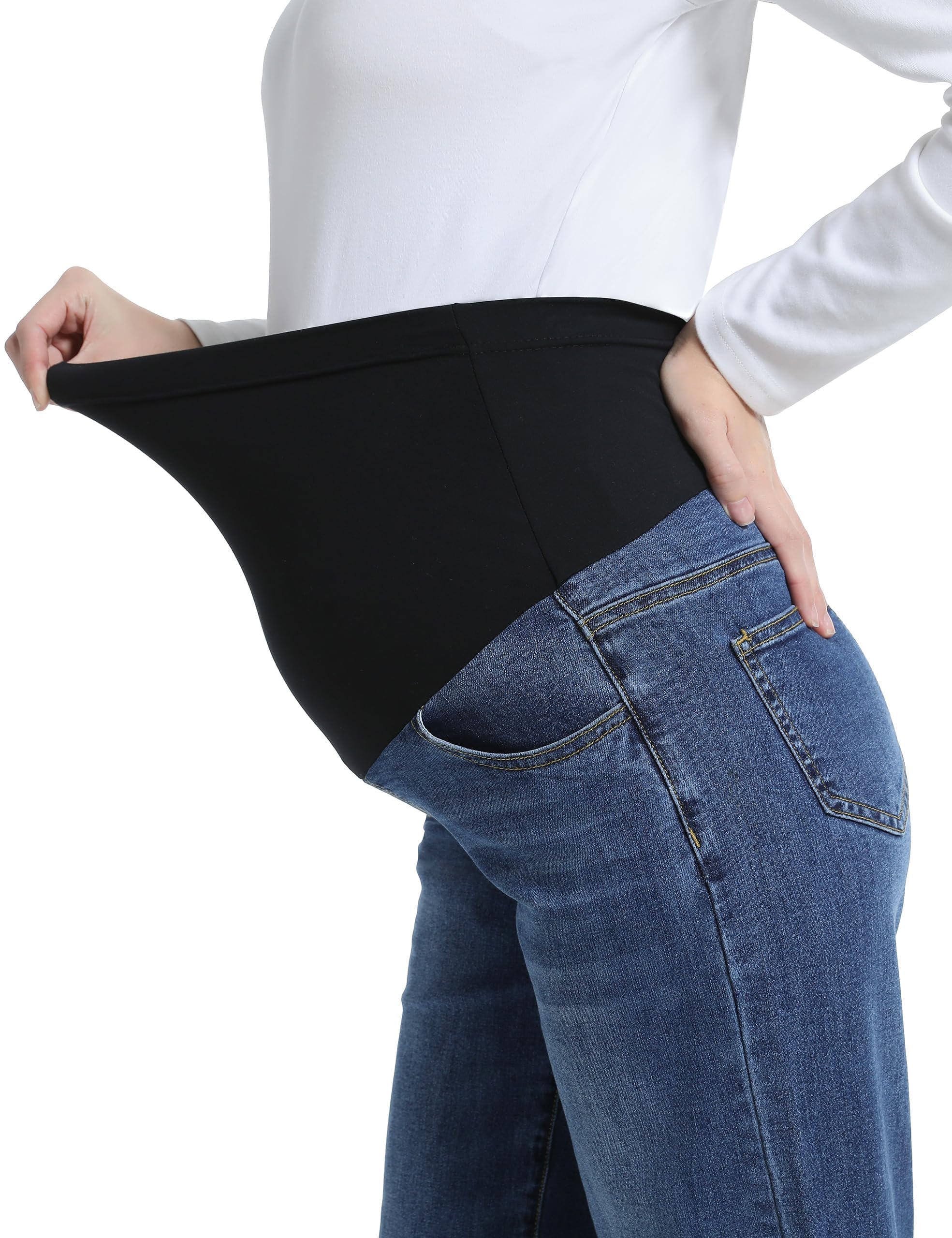 Damen Umstandsjeans mit Weitem Bein über dem Bauch Jean Umstandshose Denim Schwangerschaftsjeans mit Taschen