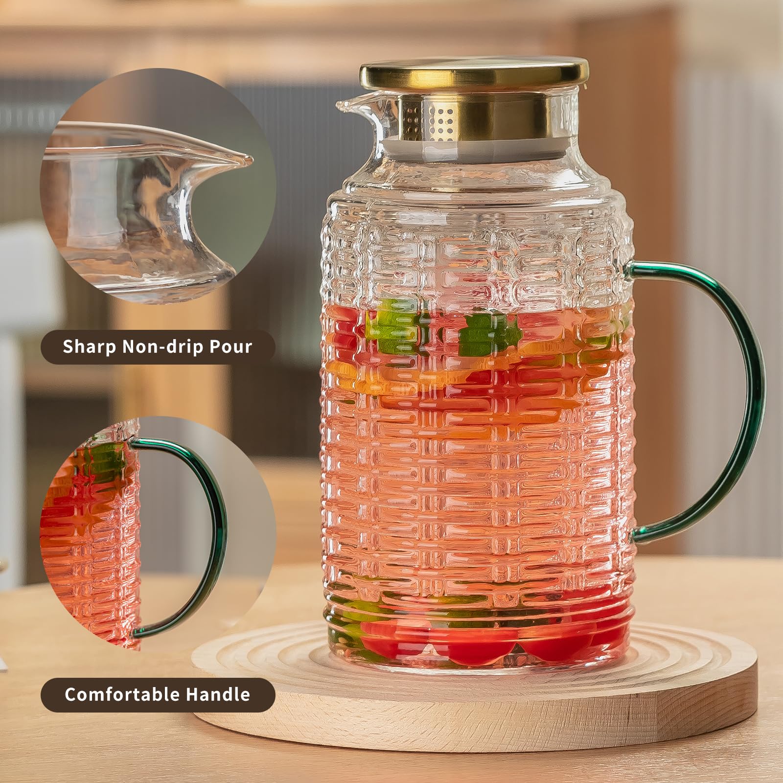 Buaic Glaskrug mit Deckel, 2,5 l, Vintage-Wasserkrug, klares Borosilikatglas, Wasserkaraffe für kaltgebrühte Getränke, Kaffee, Limonade, Eistee, Getränke, hitzebeständiger Wasserglas-Krug