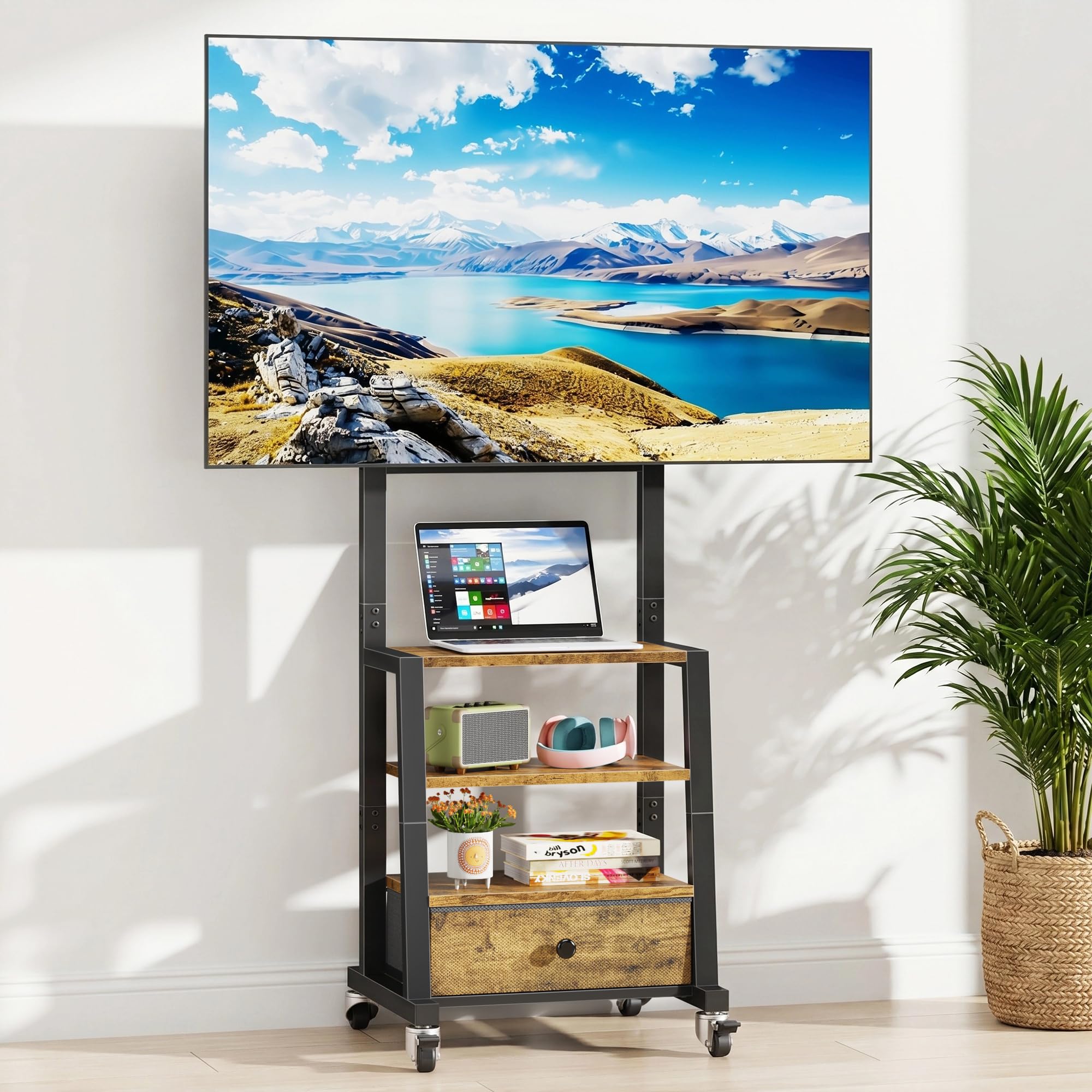 Supporto TV da Pavimento per TV 32-60 Pollici, Porta TV da Terra con 3 Ripiani e Cassetto in Tessuto, Mobile TV con Ruote, Altezza Regolabile, Max VESA 400x400 mm, Carico 40 kg, Marrone Vintage