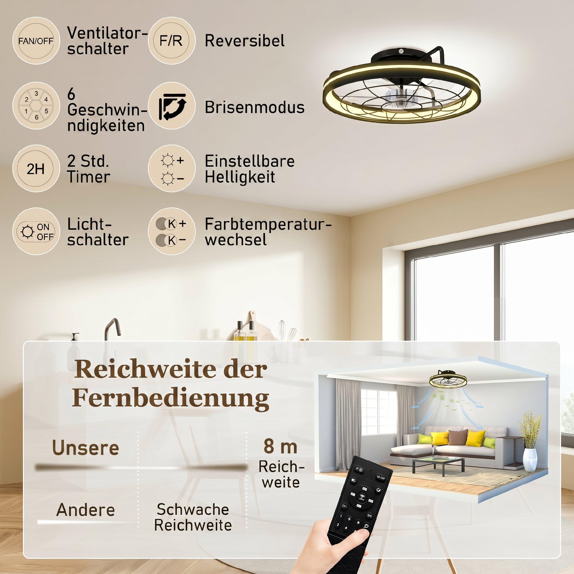 HOMCOM Deckenventilator mit Beleuchtung, Fernbedienung, Ø48 cm, 40 W LED Deckenleuchte mit Ventilator, 3 Lichtfarben, Timer, 6 Geschwindigkeiten, dimmbar, leiser DC Motor, Lampenschirm Schwarz