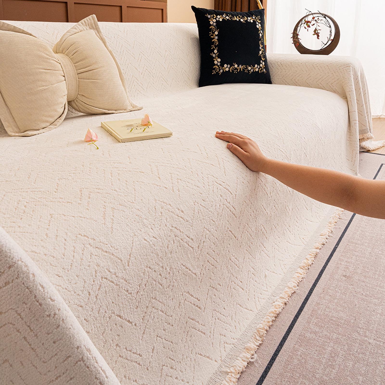 Housse de canapé velours beige grand canapé 2 3 4 places lavable protection salon