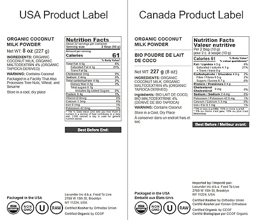 Miniatura 2 de Food to Live Leche de coco orgánica en polvo, 8 onzas, sin OMG, leche de coco fresca deshidratada, pura, sin azúcar, vegana, a granel. Sin lácteos,