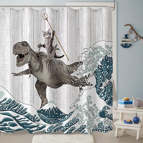 Miniatura 2 de Divertida cortina de ducha con diseño de dinosaurios, olas marinas y océano, para baño, tela impermeable fresca, cortina de baño de madera rústica